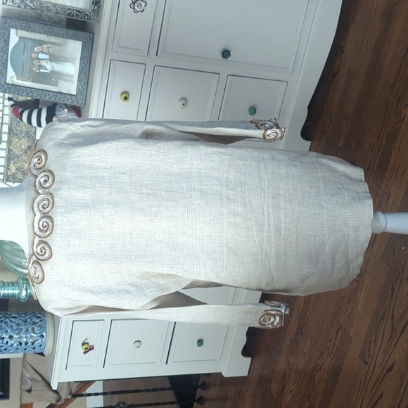 Oatmeal/Pink Neutral Cool Linen Long Tunic Quiet Luxury 3D Swirl Embroidery Sz L - Picture 5 of 10